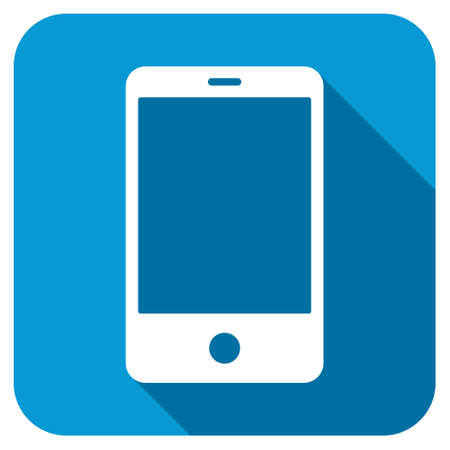 Smartphone longshadow icon. Style is a blue rounded square button with a white rounded symbol with long shadow.の写真素材