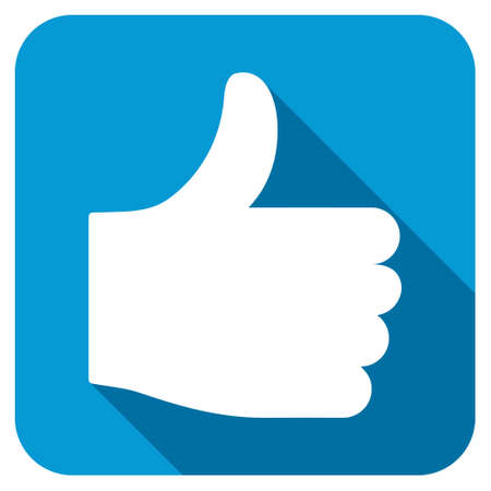 Thumb up longshadow icon. Style is a blue rounded square button with a white rounded symbol with...