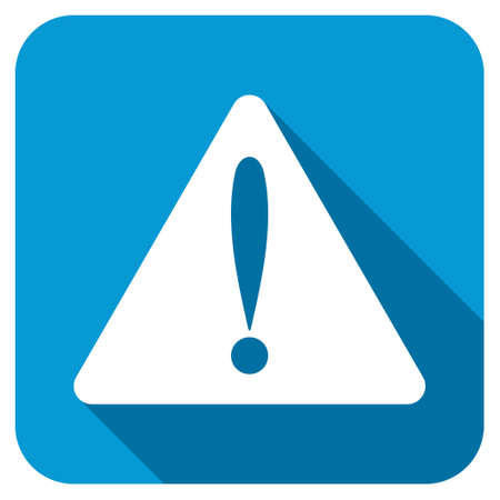 Warning error longshadow icon. Style is a blue rounded square button with a white rounded symbol with long shadow.の写真素材