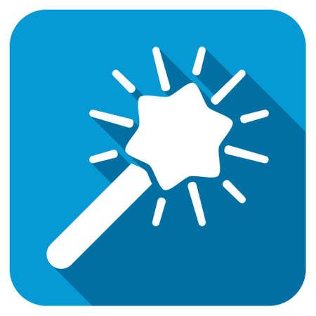 Wizard longshadow icon. Style is a blue rounded square button with a white rounded symbol with long shadow.の写真素材