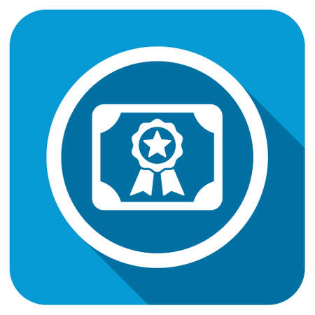 Certificate longshadow icon. Style is a blue rounded square button with a white rounded symbol with long shadow.の写真素材