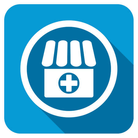 Drugstore longshadow icon. Style is a blue rounded square button with a white rounded symbol with long shadow.の写真素材
