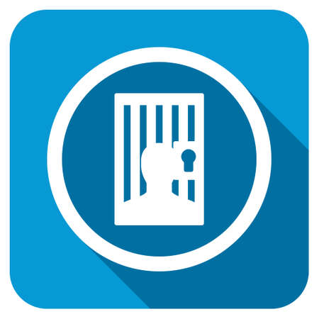 Prison longshadow icon. Style is a blue rounded square button with a white rounded symbol with long shadow.の写真素材