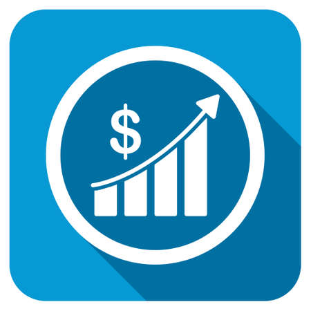 Sales longshadow icon. Style is a blue rounded square button with a white rounded symbol with long shadow.の写真素材