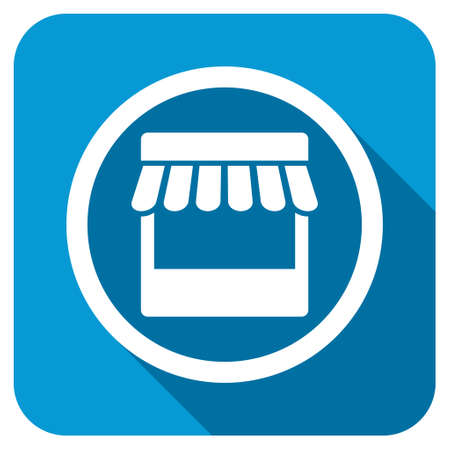 Store longshadow icon. Style is a blue rounded square button with a white rounded symbol with long shadow.の写真素材