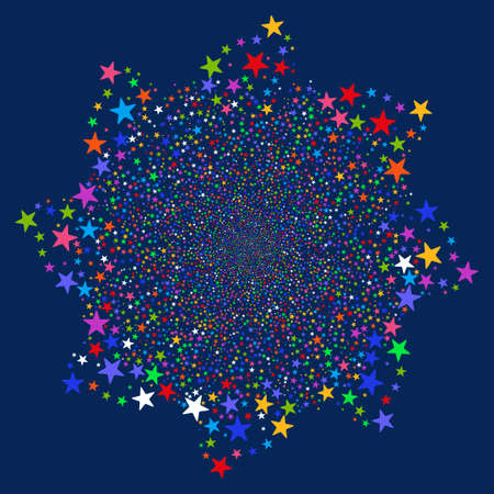 Salute Star Flower vector illustration. This Festival Pyrotechnic illustration is drawn with bright multicolored flat stars on a blue background.のイラスト素材