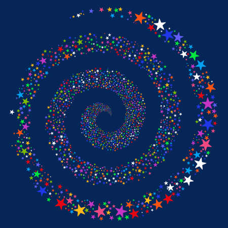 Salute Star Spiral vector illustration. This Festival Pyrotechnic illustration is drawn with bright multicolored flat stars on a blue background.のイラスト素材
