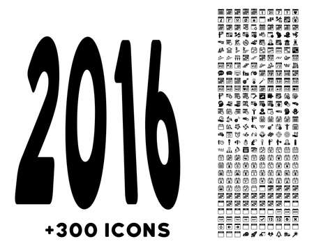 2016 Perspective vector pictogram with additional 300 date and time management icons. Style is flat symbols, black color, rounded angles, white background.のイラスト素材