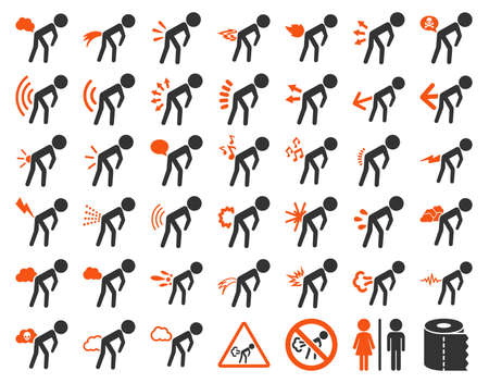Fart sick children glyph icon set. Style is bicolor flat symbols, orange and gray colors, rounded angles, white background.の写真素材