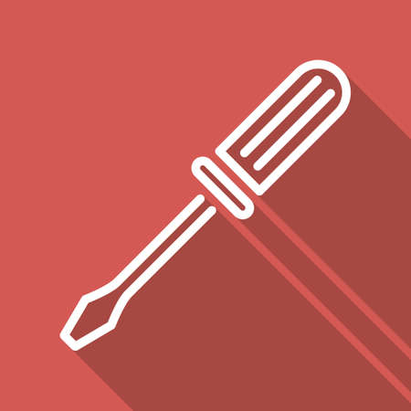 Contour Screwdriver vector icon. Style is a flat white symbol with long shadow on a colored square.のイラスト素材