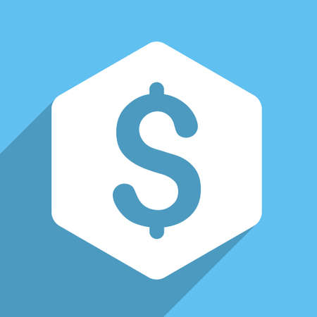 Dollar Hexagon vector icon. Style is a flat white symbol with long shadow on a light blue square.のイラスト素材