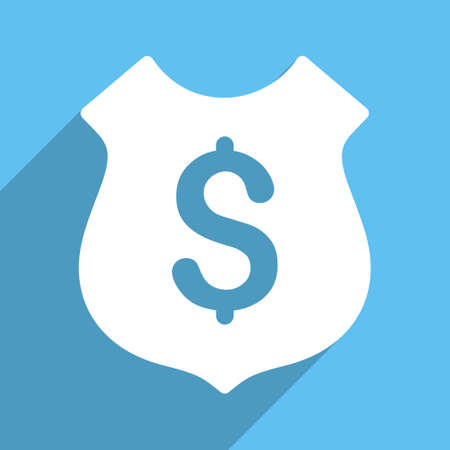 Financial Shield glyph icon. Style is a flat white symbol with long shadow on a colored square.の写真素材