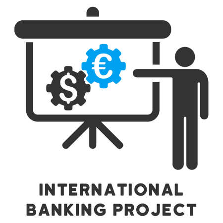 International Banking Project vector icon with caption. Symbol style is a bicolor flat symbol with rounded angles, blue and gray colors, white background.のイラスト素材