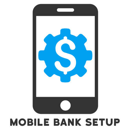Mobile Bank Setup vector icon with caption. Symbol style is a bicolor flat symbol with rounded angles, blue and gray colors, white background.のイラスト素材