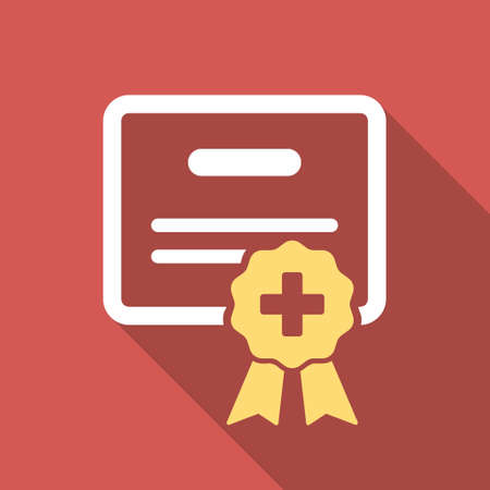 Medical Certification long shadow icon. Style is a light flat symbol on a red square button.