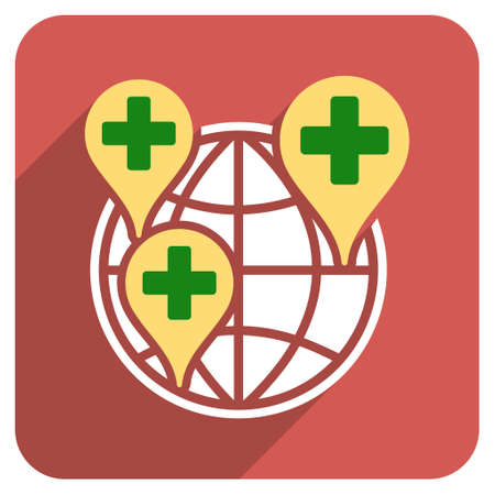 Global Clinic Company long shadow vector icon. Style is a light flat symbol on a red rounded square button.のイラスト素材