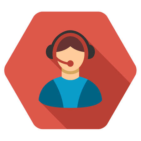 Call Center Worker long shadow glyph icon. Style is a flat symbol on a colored rounded hexagon button with longshadow.の写真素材