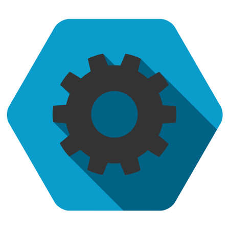 Gear long shadow vector icon. Style is a flat symbol on a colored rounded hexagon button with longshadow.のイラスト素材