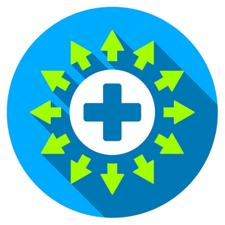 Pharmacy Distribution long shadow icon. Style is a light flat symbol with rounded angles on a blue round button.のイラスト素材