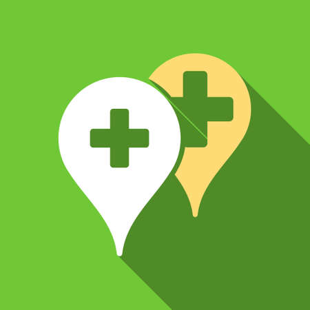 Medical Map Markers long shadow vector icon. Style is a flat symbol with rounded angles on a green square button.のイラスト素材