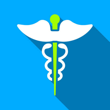 Caduceus long shadow vector icon. Style is a flat light symbol with rounded angles on a blue square background.のイラスト素材