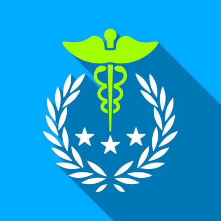 Caduceus Laurel Wreath long shadow vector icon. Style is a flat light symbol with rounded angles on a blue square background.のイラスト素材