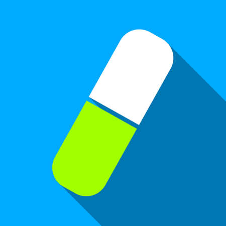 Capsule long shadow vector icon. Style is a flat light symbol with rounded angles on a blue square background.のイラスト素材