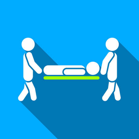 Men Carry Patient Stretcher long shadow vector icon. Style is a flat light symbol with rounded angles on a blue square background.のイラスト素材