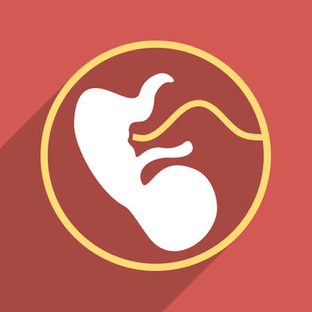 Embryo Uterus long shadow glyph icon. Style is a flat light symbol on a red square background.の写真素材