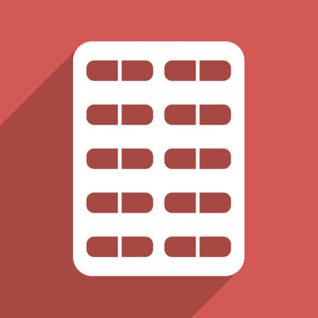 Pill Blister long shadow vector icon. Style is a flat light symbol on a red square background.のイラスト素材