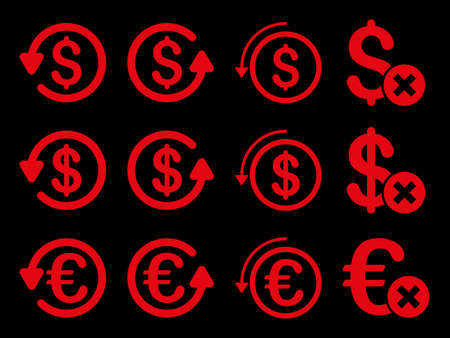 Dollar and Euro Chargeback glyph icon set. Style is red flat symbols isolated on a black background.の写真素材