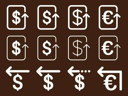 Dollar and Euro Refund glyph icon set. Style is white flat symbols isolated on a brown background.の写真素材