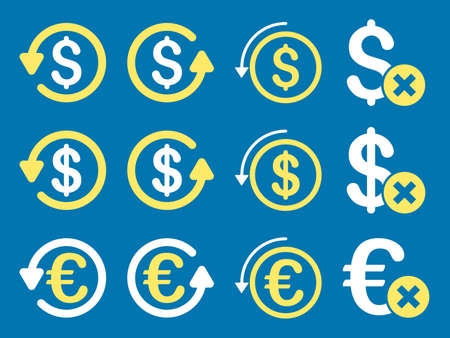 Dollar and Euro Chargeback glyph icon set. Style is yellow and white flat symbols isolated on a blue background.の写真素材