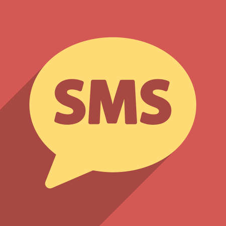 SMS Bubble long shadow glyph icon. Style is a flat light symbol on a red square background.の写真素材
