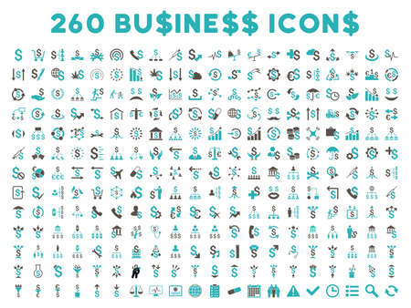 260 Business glyph icons. Style is bicolor grey and cyan flat symbols on a white background.の写真素材