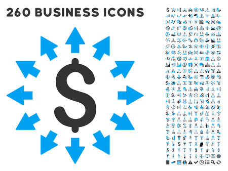 Dollar Distribution icon within 260 glyph business pictogram set. Style is bicolor flat symbols, light blue and gray colors, white background.の写真素材
