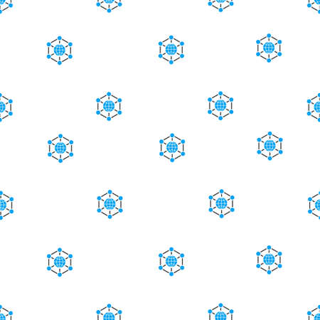 Global Web Structure raster seamless repeatable pattern. Style is flat blue and dark gray global web structure symbols on a white background.の写真素材