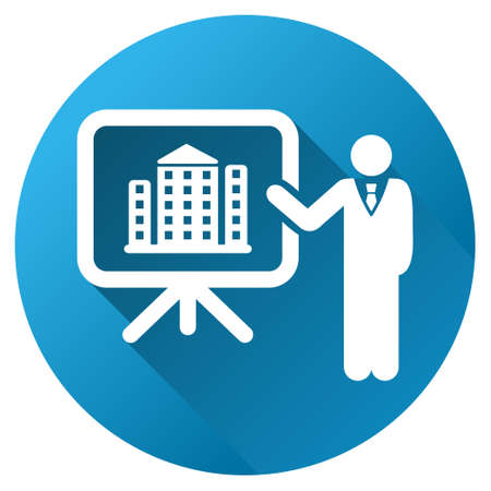 Realty Project Presentation vector toolbar icon for software design. Style is a white symbol on a round blue circle with gradient shadow.のイラスト素材