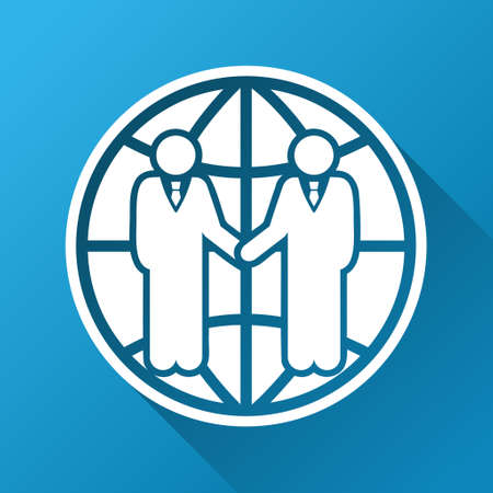 Global Partnership vector toolbar icon for software design. Style is a white symbol on a square blue background with gradient long shadow.のイラスト素材