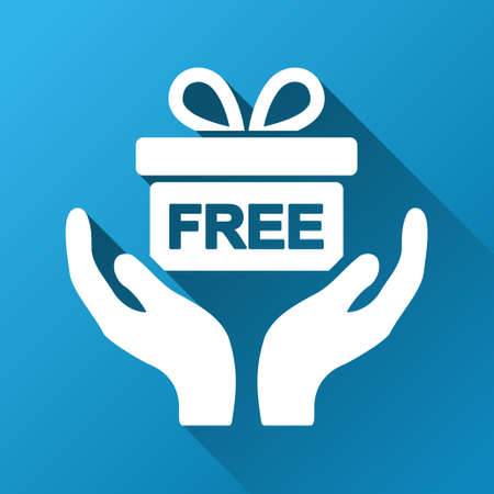 Hands Giving Present vector toolbar icon for software design. Style is a white symbol on a square blue background with gradient long shadow.のイラスト素材