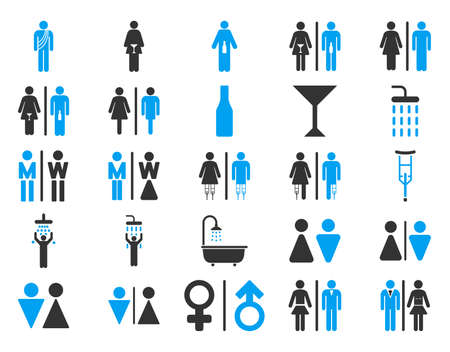 Toilet Persons vector icon set. Style is bicolor blue and gray flat symbols isolated on a white background.のイラスト素材