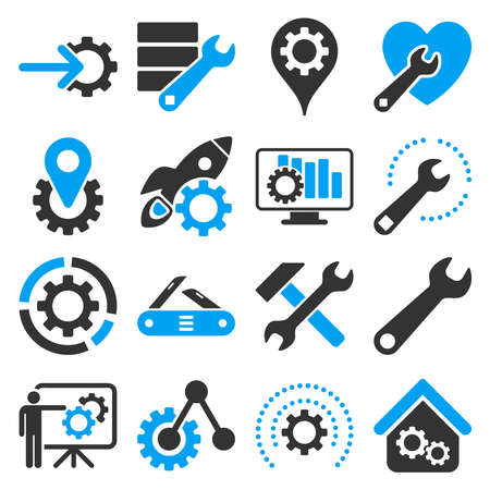 Options and service tools icon set. Vector style is flat bicolor symbols, blue and gray colors, rounded angles, white background.のイラスト素材