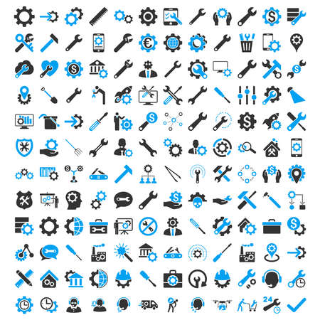 Options and service tools icon set with 144 icons. Vector style is flat bicolor symbols, blue and gray colors, rounded angles, white background.のイラスト素材