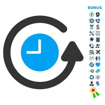 Restore Clock icon with bonus pictograms. Glyph style is bicolor flat iconic symbol with rounded angles, blue and gray colors, white background.の写真素材