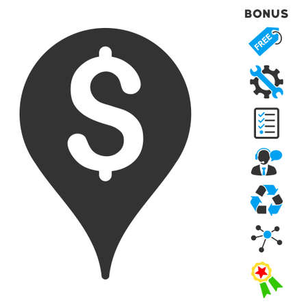 Bank Map Marker icon with bonus pictograms. Vector illustration style is flat iconic bicolor symbols, blue and gray colors, white background, rounded angles.のイラスト素材