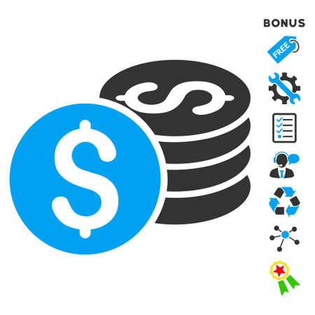 Dollar Coin Stack icon with bonus pictograms. Vector illustration style is flat iconic bicolor symbols, blue and gray colors, white background, rounded angles.のイラスト素材