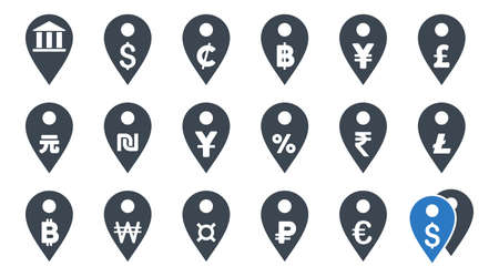 All Currency Map Markers vector icons. Icon style is bicolor smooth blue flat symbols with rounded angles on a white background.のイラスト素材