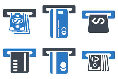 ATM Bank Cashout vector icons. Icon style is bicolor smooth blue flat symbols with rounded angles on a white background.のイラスト素材