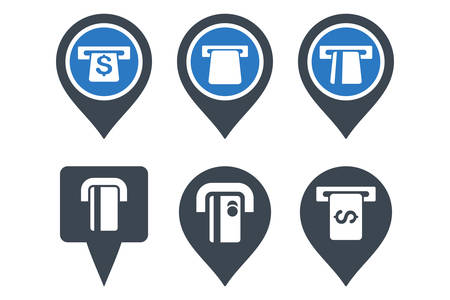 ATM Map Pointer vector icons. Icon style is bicolor smooth blue flat symbols with rounded angles on a white background.のイラスト素材
