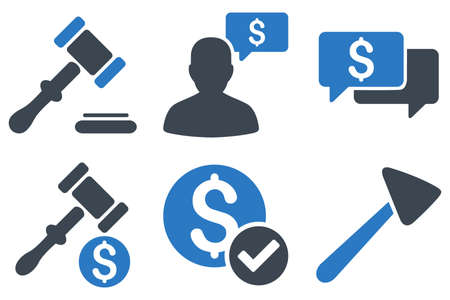 Auction vector icons. Icon style is bicolor smooth blue flat symbols with rounded angles on a white background.のイラスト素材